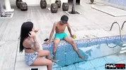 Sucking the big cock in the pool