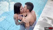 Sucking the big cock in the pool