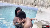 Sucking the big cock in the pool