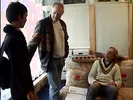 Geeky brunette seduces older stud to fuck her on the sofa