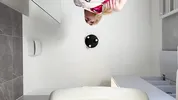 Sexy beauty cute blonde horny girl in pink panties and with a satin nightie does the bathroom routine before going to the bed