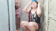 Filipina taking a bath outside the house got fuck