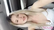 Busty blonde shows her pink pussy and masturbates in the car until she cums