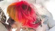 Gothsluts in full makeup sucks cock in garden and swallows huge load