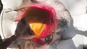 Gothsluts in full makeup sucks cock in garden and swallows huge load
