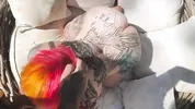 Gothsluts in full makeup sucks cock in garden and swallows huge load
