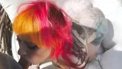 Gothsluts in full makeup sucks cock in garden and swallows huge load