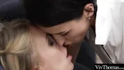 Watch stunning blonde boss dominate a cute lesbian brunette