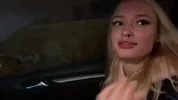 Sweet blonde on the highway. Sex in car