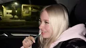 Sweet blonde on the highway. Sex in car