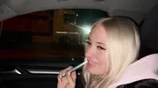 Sweet blonde on the highway. Sex in car