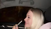 Sweet blonde on the highway. Sex in car