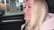 Sweet blonde on the highway. Sex in car