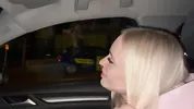 Sweet blonde on the highway. Sex in car
