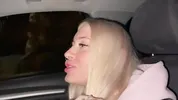 Sweet blonde on the highway. Sex in car