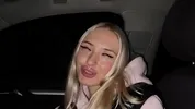 Sweet blonde on the highway. Sex in car