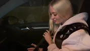 Sweet blonde on the highway. Sex in car