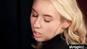 Watch this stunning blonde ride her girlfriend's mock cock