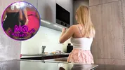 Big boobs blonde hot college girl in a mini skirt do house chores and flashes her legs and ass