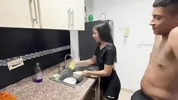Hot stepsister gets fucked in the kitchen by her brother's big cock