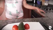 The maid fucks the vegetables. She cums in the kitchen.