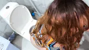 stepson saw a mature stepmom with big tits on the toilet and gave her a cock in her mouth and fucked anal