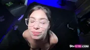 Orgasmic 18yo nerdy girl with shaking legs while fucking and cum on her glasses.