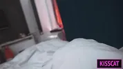 S1E4: Step mom uses step son's dick in share bed and pulled off condom to cum inside shaved pussy