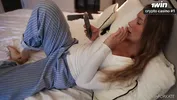 Cute girl masturbates pussy to a powerful orgasm on the bed
