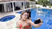Parents left the stepsisters home alone and decided to tan naked, accidentally having lesbian sex