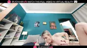 Hot blonde fuck doll Katrin Fox,plays with a big cock on the bed in VR.