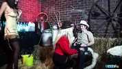 Curvy milfs nailed by two cowboys at a barn in a superb group sex action