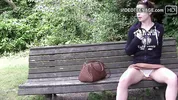 cute 18 year Sandy shows her pantie under her skirt outdoor