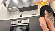 Hot tattooed blonde long hair beauty in the kitchen takes her panties off to show her meaty pussy an