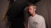 A tattooed girl and her boyfriend get fucked by a student at a house party