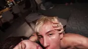 A tattooed girl and her boyfriend get fucked by a student at a house party