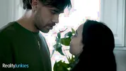 REALITYJUNKIES - Petite Brunette Babe Gets Her Pretty Boobs Full Of Cum And She Licks It Off