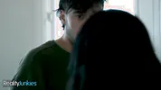 REALITYJUNKIES - Petite Brunette Babe Gets Her Pretty Boobs Full Of Cum And She Licks It Off