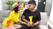 Mi horny Latina best friend waits for me without underwear and bets her rich wet pussy if her team wins. 2026 World Cup Special!