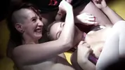 Horny young women let hard cocks fuck their pussies and mouths, swap cum from mouth to mouth, and lick each other's pussies clean.
