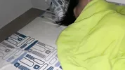 I find my friend lying down and convince her to have amazing rough sex until I on her belly