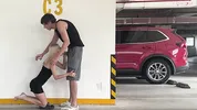 Unknown blonde fucks in a parking lot in plain sight