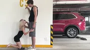 Unknown blonde fucks in a parking lot in plain sight