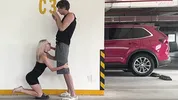 Unknown blonde fucks in a parking lot in plain sight
