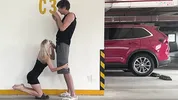 Unknown blonde fucks in a parking lot in plain sight