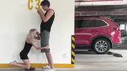 Unknown blonde fucks in a parking lot in plain sight