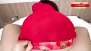 LONELY JAPANESE BRUNETTE SLIPS INTO A SILKY RED ROBE AFTER HER SHOWER AND SEDUCES THE DELIVERY GUY AT THE DOOR