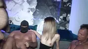 The pretty and horny Maria has to pee first before the gang bang, then suck dicks and let them cum in her mouth and on her pussy.