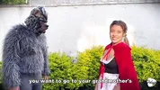 Little Red Riding Hood lost a fruit from her basket and is looking for it in the wolf's pants.