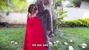 Little Red Riding Hood lost a fruit from her basket and is looking for it in the wolf's pants.